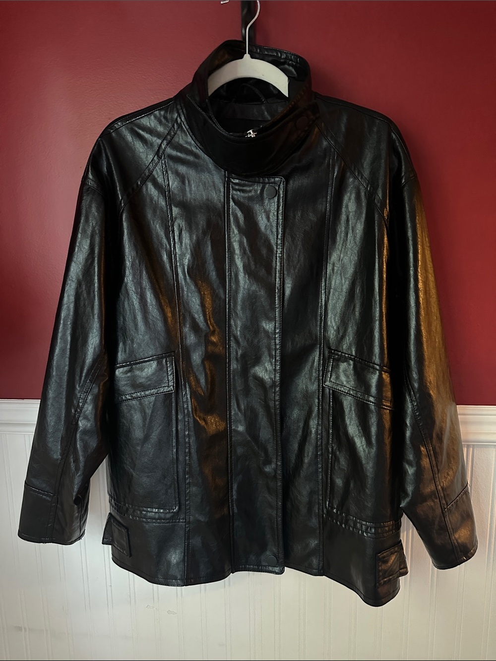 Zara Black Faux Leather Funnel Neck Jacket